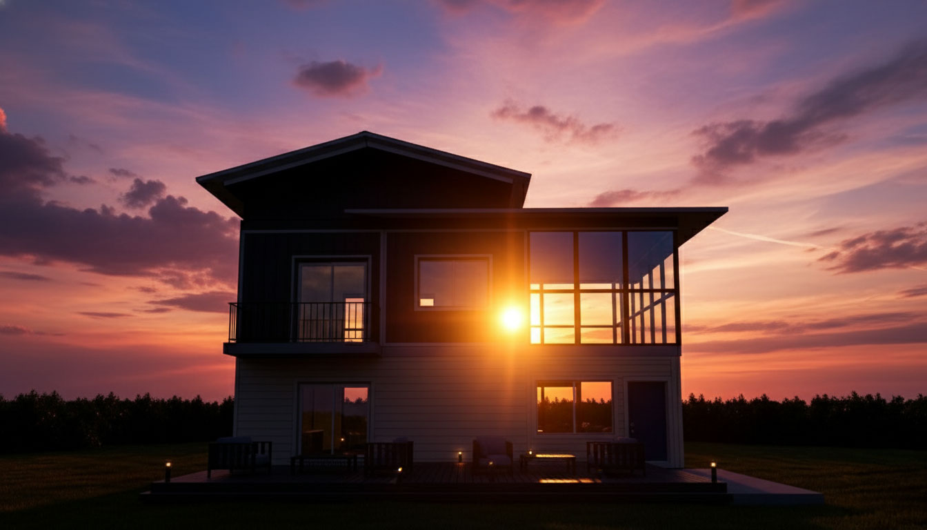 Two-Story Steel Frame Modular Home at Sunset - Modern Design with Balcony Two-story steel frame modular home at sunset with illuminated interior, upper balcony, large windows, and dramatic purple-orange sky
