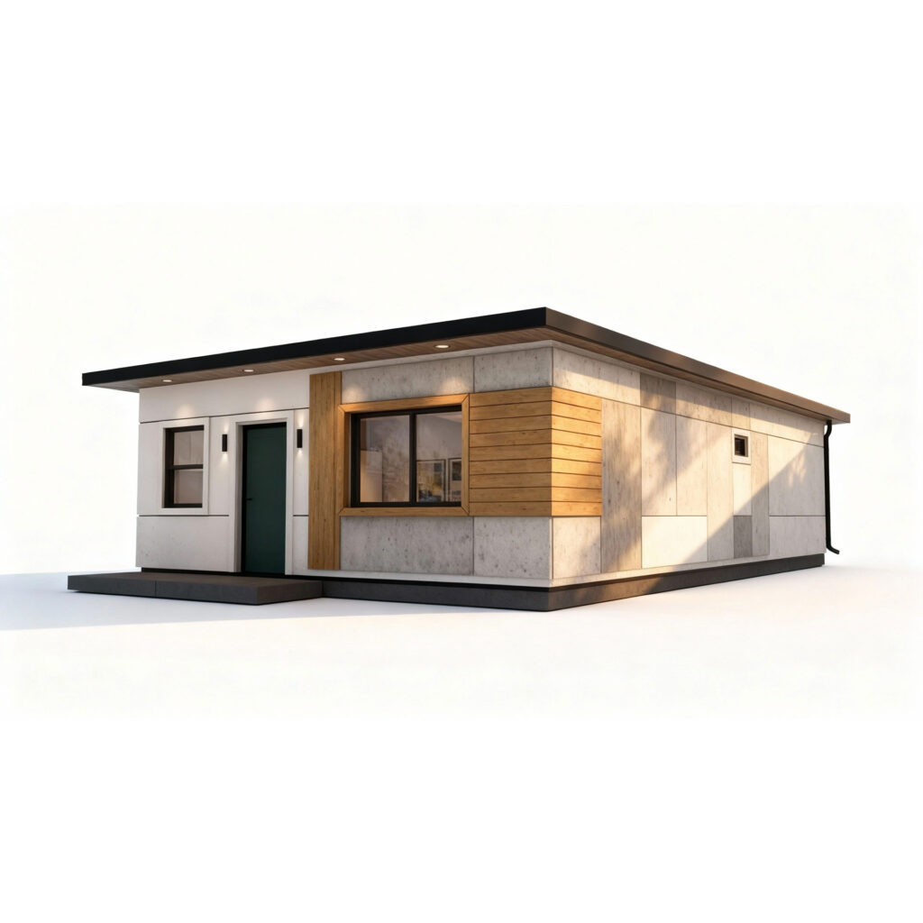 3D rendering of 2 bedroom modular ADU with concrete panels, horizontal wood siding, green door, and modern flat roof on white background