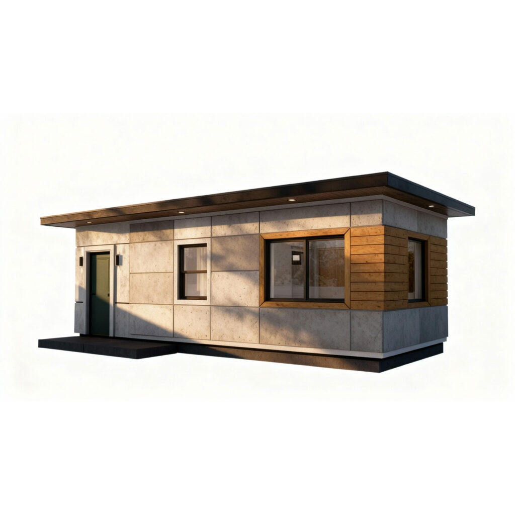 3D rendering of modern studio ADU with concrete panel siding, wood accents, flat roof, and large windows on white background